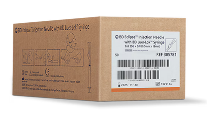 BD 3ml Luer-Lok Syringe with Detachable Eclipse Needle 25G 5/8" - Box of 50 - 