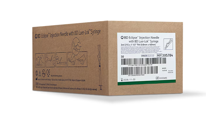 BD Eclipse Needle 21G x 1 1/2" With Detachable 3ml BD Luer-Lok Syringe - Box of 50