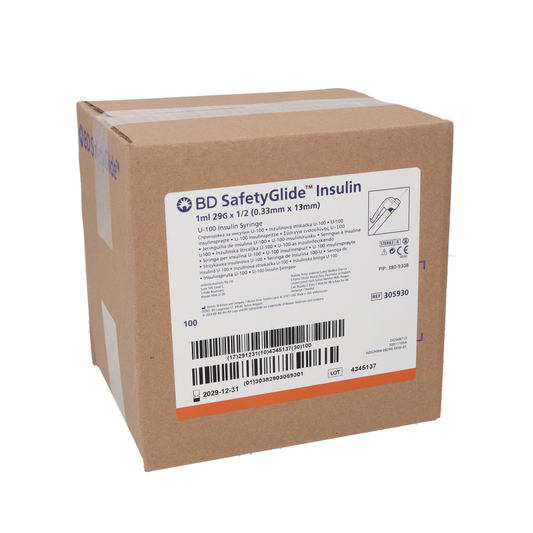 BD SafetyGlide Safety Insulin Syringe & Needle 1ml 29g x 1/2" x 100