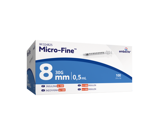 Micro Fine+ 0.5ml U100 Insulin Syringe & Needle 30g x 8mm x 100 - 