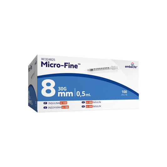 Micro Fine+ 0.5ml U100 Insulin Syringe & Needle 30g x 8mm x 100 - 
