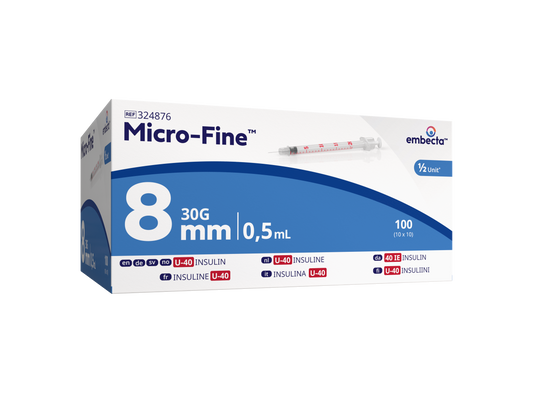 Micro-Fine + Insulin Syringe 0.5ml U40 30G X 8MM - Pack Of 100