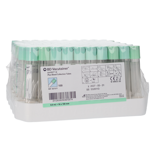 BD Vacutainer PST II Plastic Tube 8ml with Light Green Hermogard Close - Qty 100 - Becton Dickinson