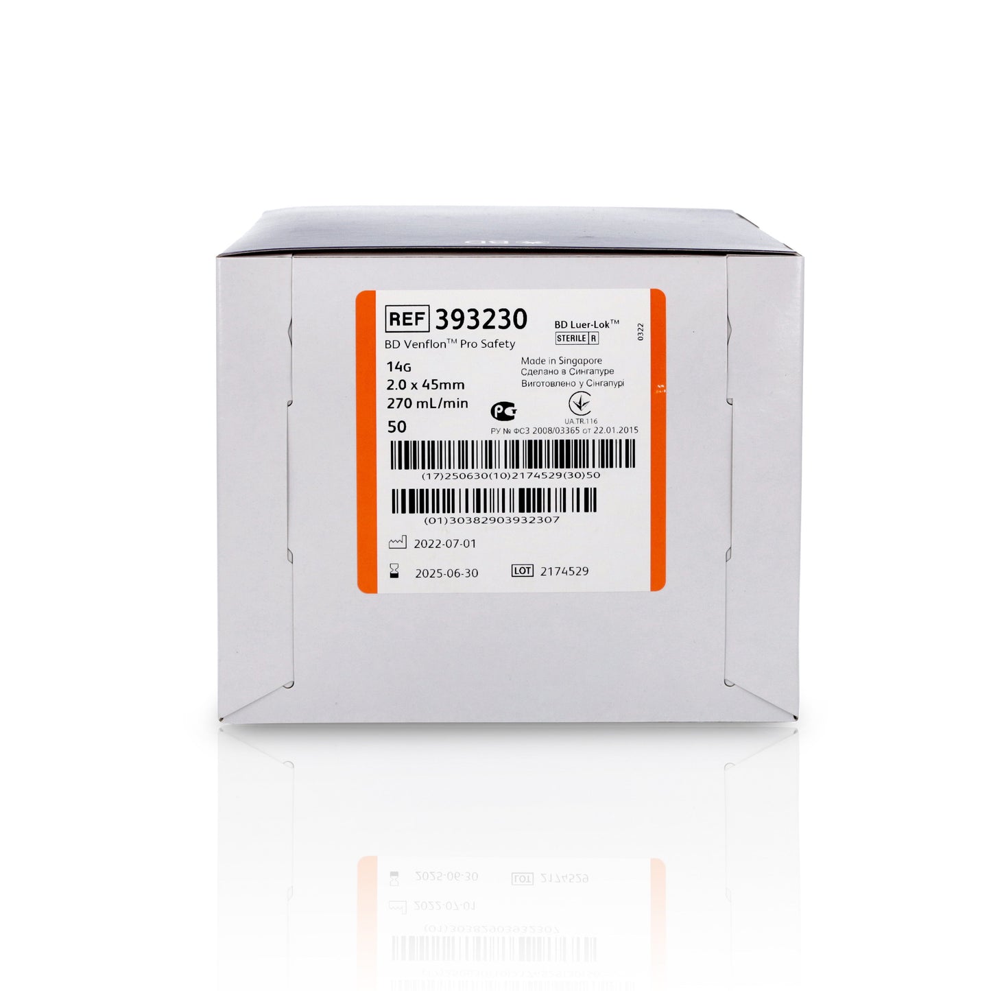 BD Venflon Pro Safety™  14g x 45mm, Orange - Box of 50 - Becton Dickinson
