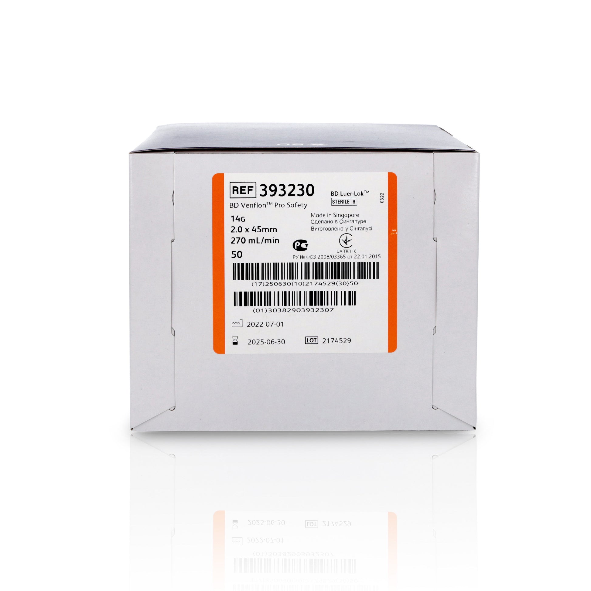 BD Venflon Pro Safety™  14g x 45mm, Orange - Box of 50 - Becton Dickinson