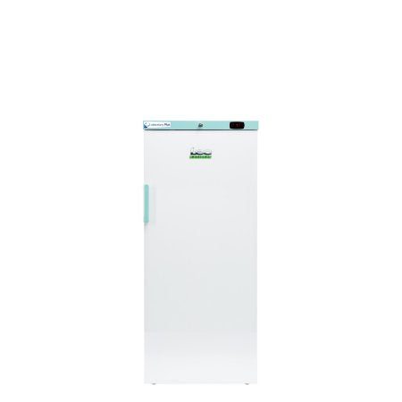 A white upright freezer with a light blue top trim and handle, featuring a green and white logo on the upper door.