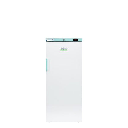 A white upright freezer with a light blue top trim and handle, featuring a green and white logo on the upper door.