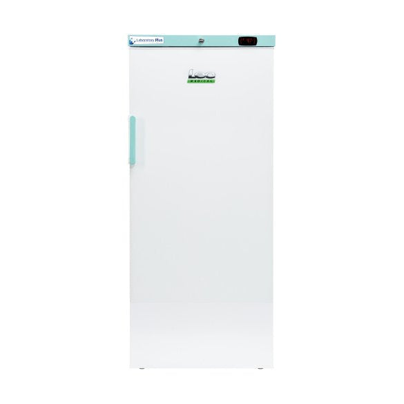 A white upright freezer with a light blue top panel and handle, shown against a plain white background.