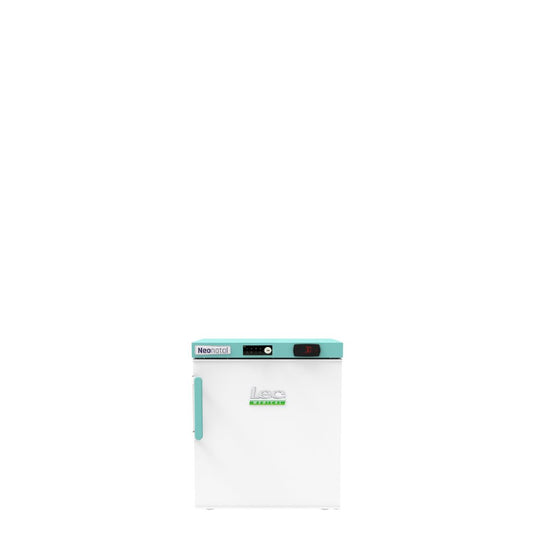 A small white portable refrigerator with a mint green top trim and handle, featuring the 'ice' brand logo on the front door.