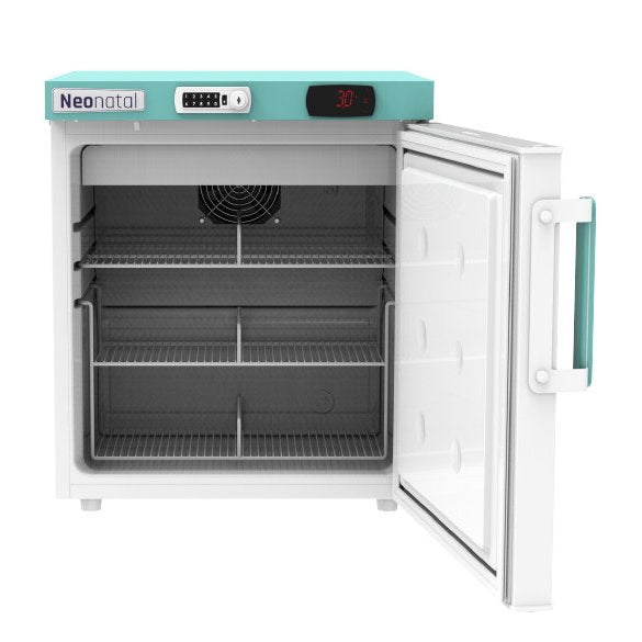 A neonatal refridgerator with its door open, showing the interior shelves and cooling fan. The fridge has a white body, a turquoise top panel with a digital display and temperature readout, and a matching turquoise handle.
