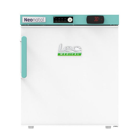 A white and teal medical refridgerator with a digital temperature display and a visible 'Lee Medical' logo on the front door.