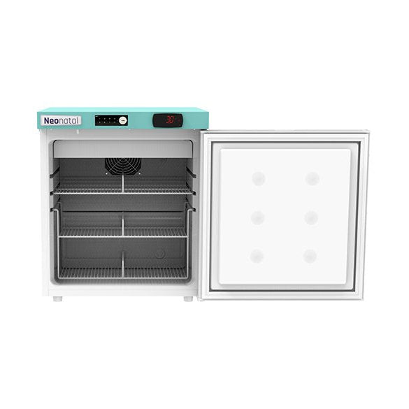 A Neenool commercial refrigerator with its door open, showing the interior shelves and a light blue top panel with a digital control display.