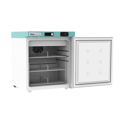 A white Neoglass commercial refrigerator with its door open, showing interior shelves and a light blue top trim, isolated on a white background.