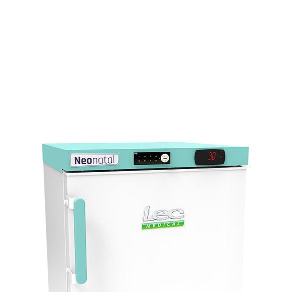 A white and light blue medical refrigerator with a digital control panel on top, featuring the 'Neonatal' label on the top left and the 'Leo' brand logo on the front door.