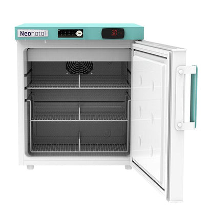 A white and teal neonatal fridge with its door open, showing the interior shelves and digital temperature display.