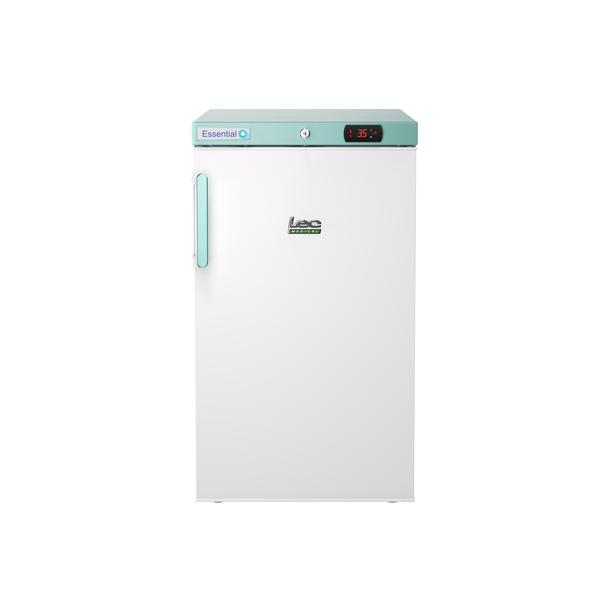 A white upright refrigerator with a mint green top panel and handle, featuring a digital temperature display on the front.