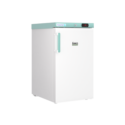 A white Leo Essential Q refrigerator with a mint green top panel, handle, and trim, featuring a digital temperature display on the top right.