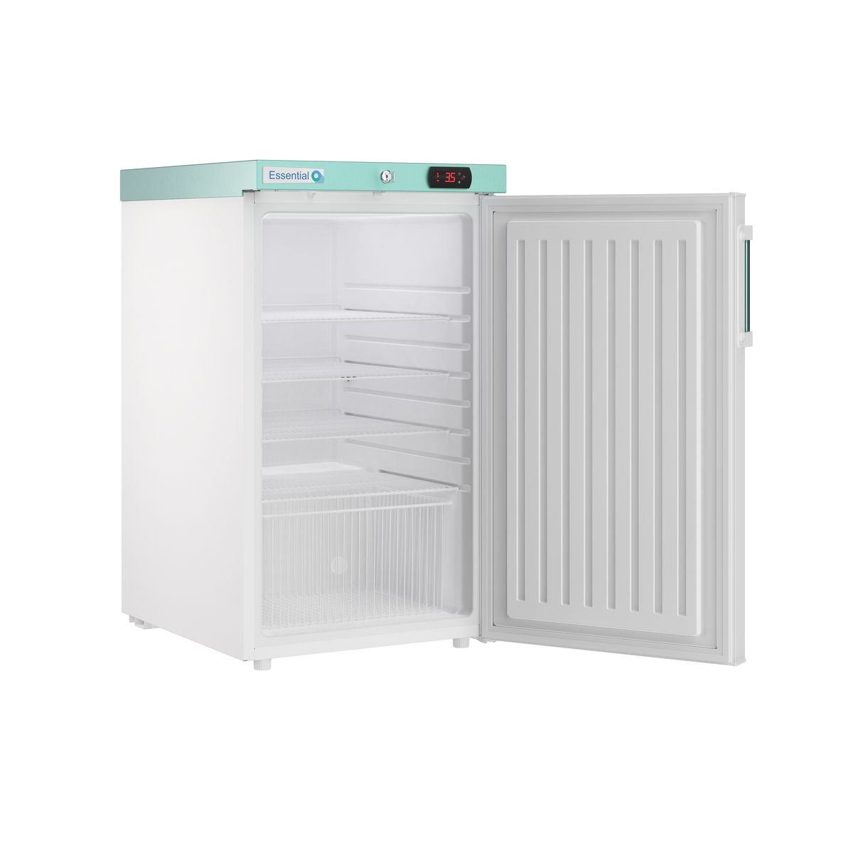A white and mint green Essentraff open refrigerator with a digital temperature display on the door, set against a plain white background.
