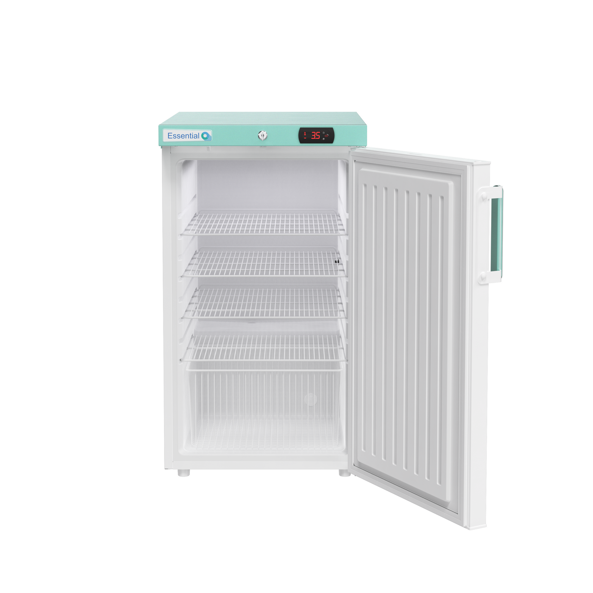 A white upright refrigerator with a light teal top panel and open door, shown on a plain white background. The fridge has three wire shelves inside and a digital display on the top panel.