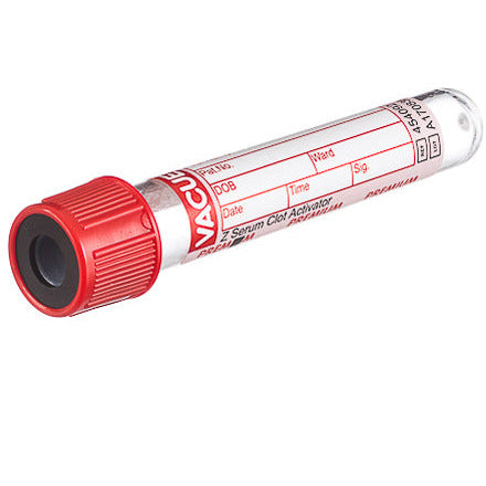 VACUETTE® TUBE 4 Ml CAT Serum Clot Activator 13x75 Red Cap-Black Ring, PREMIUM - Pack Of 50 - CLEARANCE - Short Dated 10/2024 - GBO