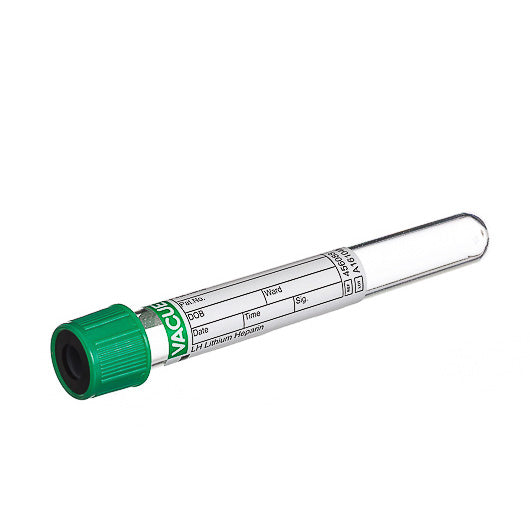 VACUETTE® Tube, LH, 6ml, 13x100mm, Green/Black Cap, Sterile - Pack Of 50 - 