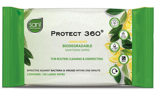 Protect 360° Biodegradable Sanitising Wipes - Pack of 100 Wipes - 