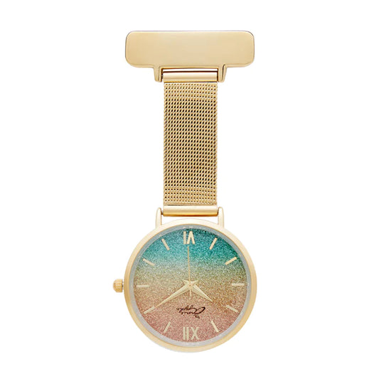 Annie Apple Nurses Fob Watch - Aurora - Glitter Rainbow/Gold - Mesh - 35mm - Annie Apple
