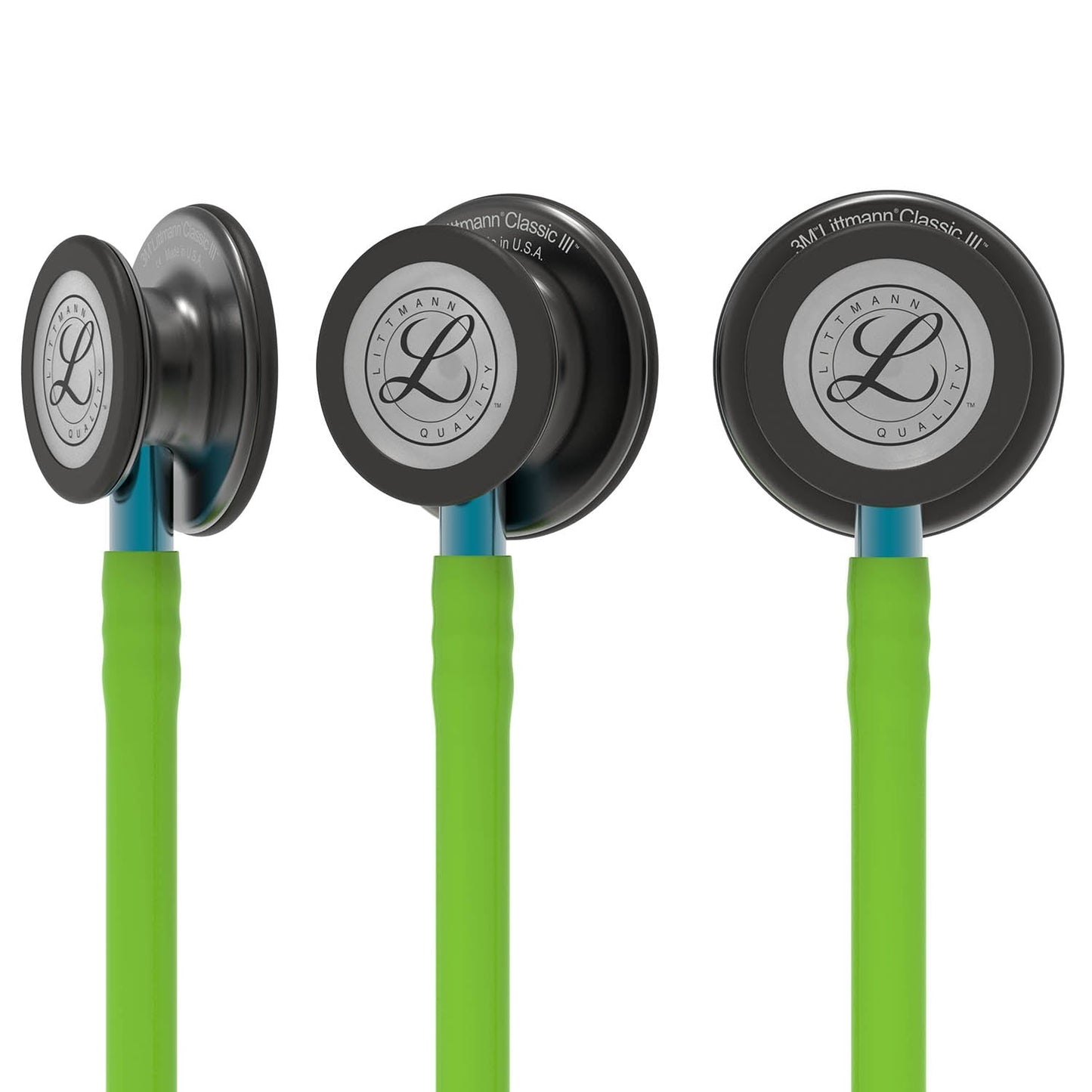 Littmann Classic III Monitoring Stethoscope: Smoke & Lime Green - Blue Stem 5875 - Over Engraved - Littmann Stethoscopes
