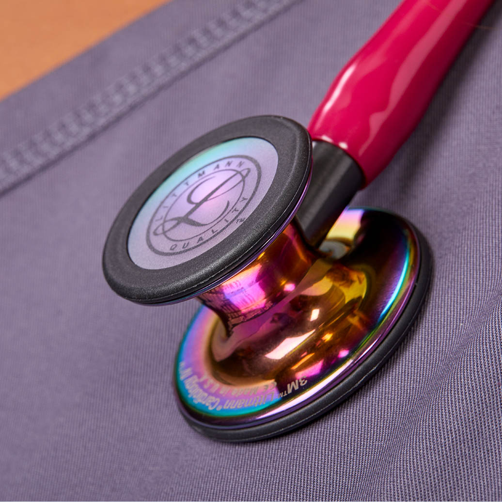 Littmann Cardiology IV Diagnostic Stethoscope: High Polish Rainbow & Raspberry - Smoke Stem 6241 - Over Engraved - Littmann Stethoscopes