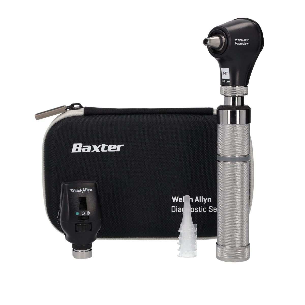 Welch Allyn 3.5V Diagnostic Set. A Welch Allyn MarcoView Basic LED Basic Otoscope with a silver metal alkaline c-cell battery handle is standing in front of a black hard diagnostic set case. On the left of the otoscope is a stack of ear specula. In front of the left hand corner of the case is a Welch Allyn LED Ophtalmoscope head. "Baxter" is clearly visible in the top left corner of the case and "Welch Allyn Diagnostic Set" in the bottom right hand corner. The set is stood in front of a white background.
