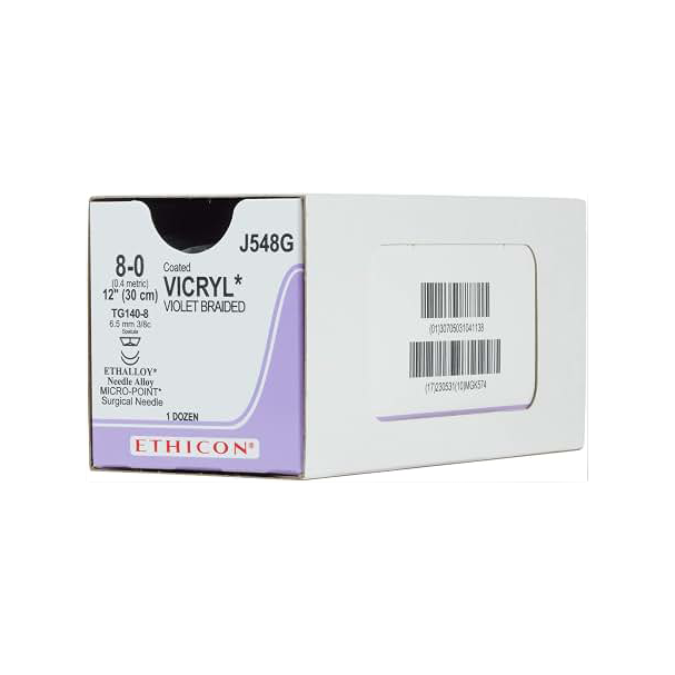 Ethicon Sutures - 8-0 Coated, Vicryl, Violet, 1X12" TG140-8, Double Armed, Qty 12