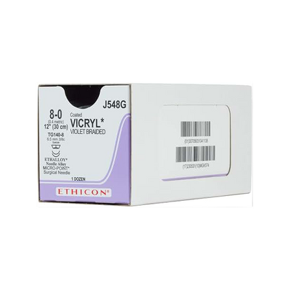 Ethicon Sutures - 8-0 Coated, Vicryl, Violet, 1X12" TG140-8, Double Armed, Qty 12