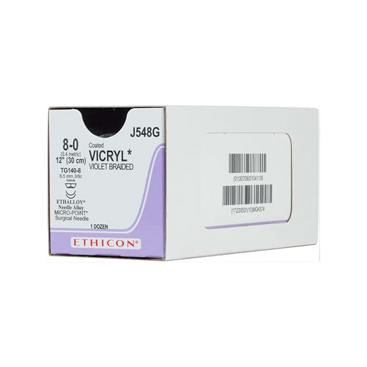 Ethicon Sutures - 8-0 Coated, Vicryl, Violet, 1X12" TG140-8, Double Armed, Qty 12 - 