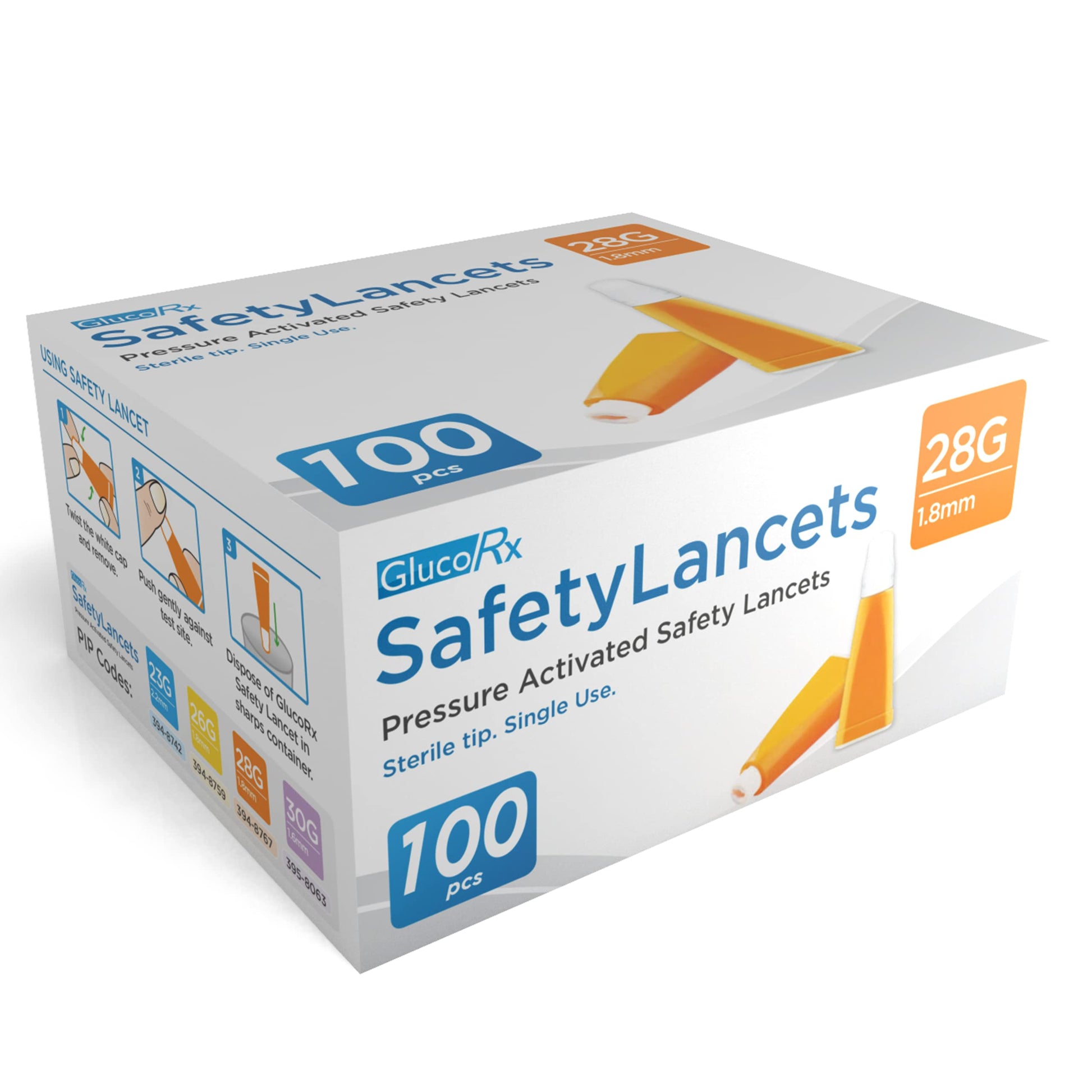 GlucoRx Safety Lancets 28G - Pack of 100 - 