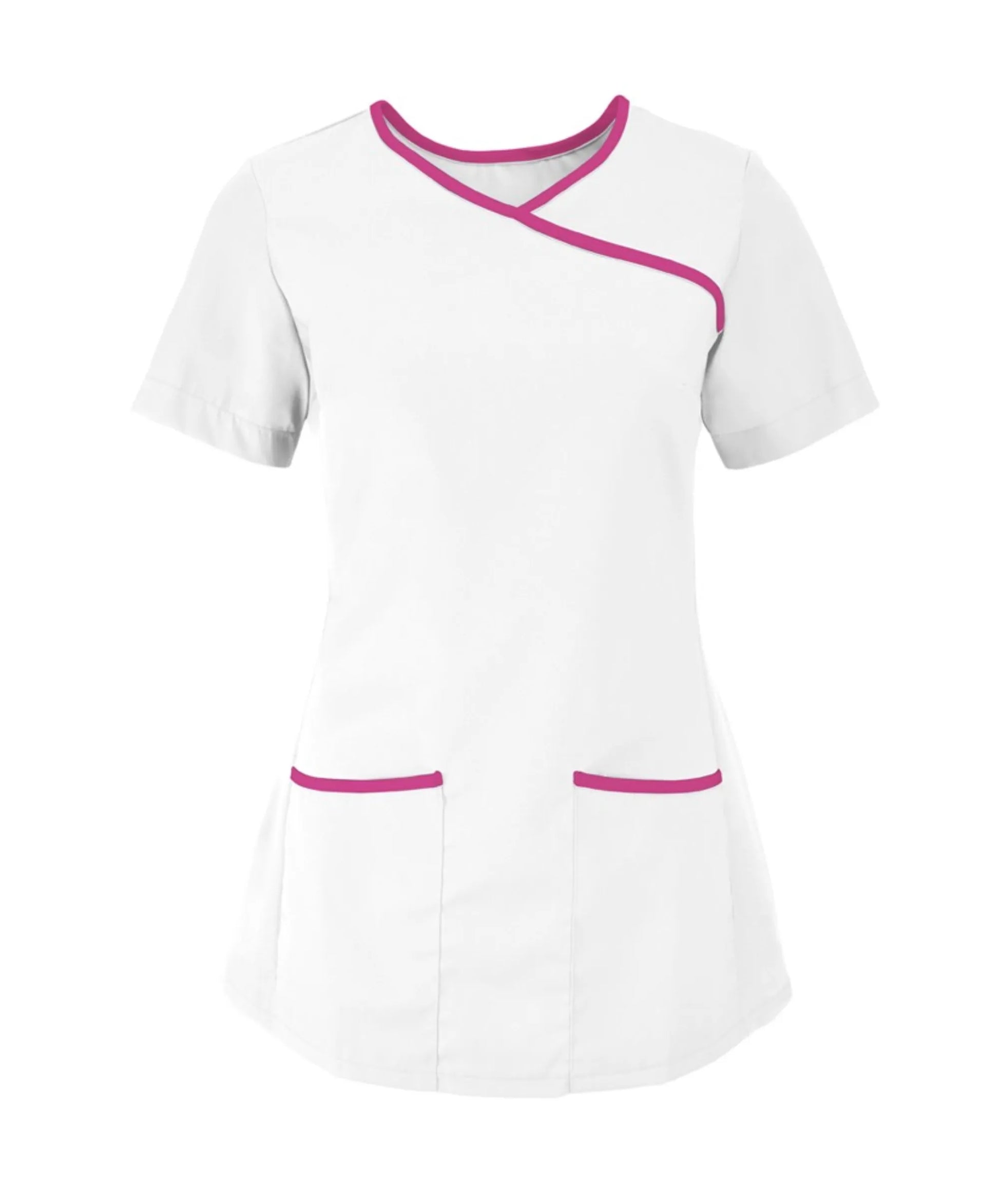 Stretch Scrub Top- White, Pink Trim- XL - Alexandra