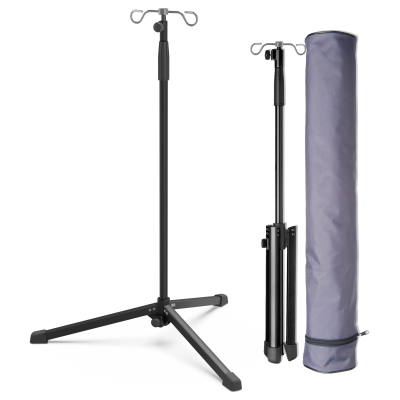 Foldable IV Pole - Black With 2 Hooks - 