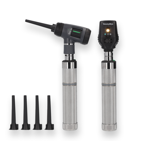 Welch Allyn Rechargeable MacroView Otoscope Vet Set including (from the right) a Welch Allyn Coaxial Opthalmoscope attached to a metal c-cell battery handle, a Welch Allyn MacroView Vet Otoscope attached to a metal c-cell battery handle and 5 black vet ear specula, one of which is attached to the otoscope head. The set is displayed against a white background.