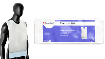 Omnitex Disposable Adult Bibs with Adhesive Tabs - Pack of 100 - Omnitex