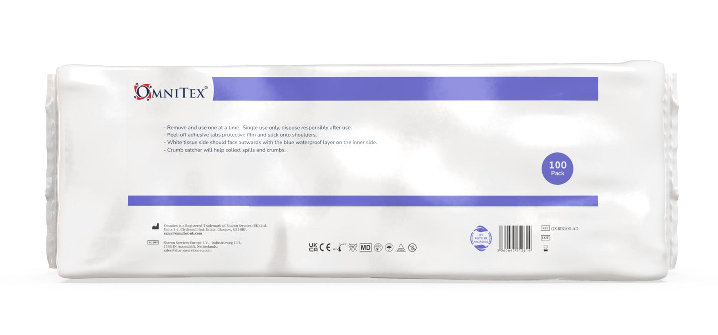 Omnitex Disposable Adult Bibs with Adhesive Tabs - Pack of 100 - Omnitex