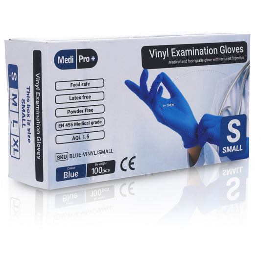Blue Vinyl Exam Gloves - Cat III PPE Small x 100