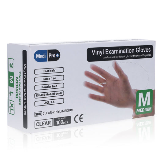 Clear Vinyl Exam Gloves - Cat III PPE Medium – Box of 100
