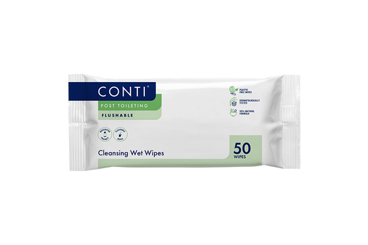 Conti® Post Toileting Cleansing Wet Wipes - Fragrance Free - 50 Wipes - Vernacare
