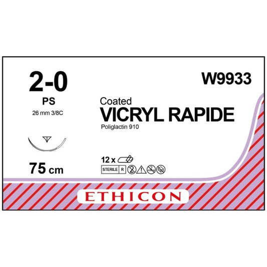 Coated VICRYL Rapide Suture: 26mm, 3/8C, 75cm, Undyed, 2-0, PS, Reverse Cutting Prime (x12)