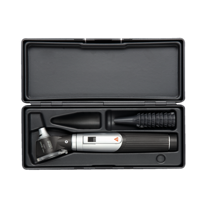 Black and silver HEINE Mini3000 LED otoscope with some black ear speculas inside a black plastic hard case. Displayed against a white background.
