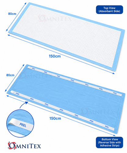 Omnitex XXL Disposable Bed Pads 4000ml w Full Adhesive strips - 150cm x 80cm - Pack of 15 - 
