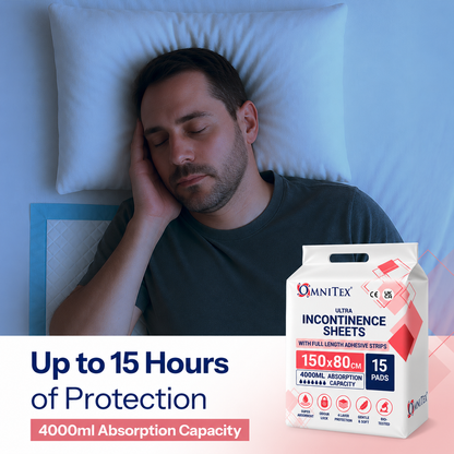 Omnitex XXL Disposable Bed Pads 4000ml w Full Adhesive strips - 150cm x 80cm - Pack of 15 - 
