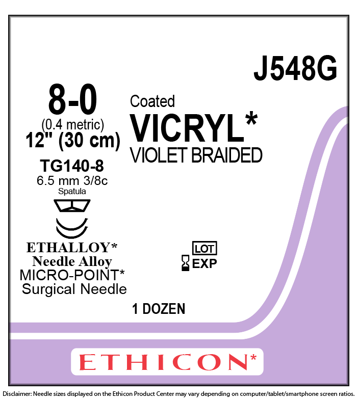 Ethicon Sutures - 8-0 Coated, Vicryl, Violet, 1X12" TG140-8, Double Armed, Qty 12