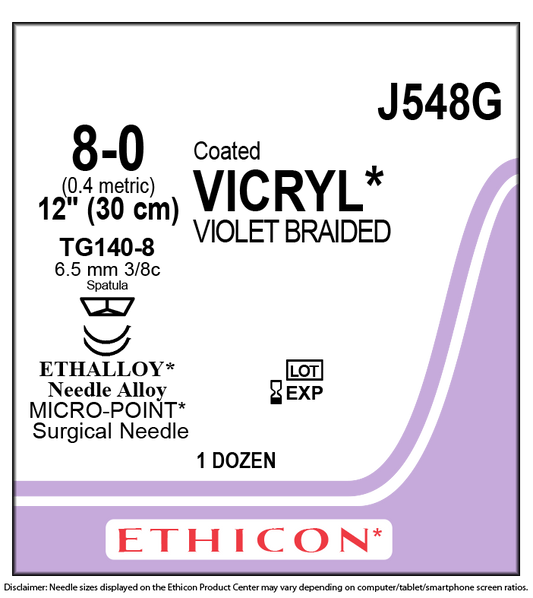 Ethicon Sutures - 8-0 Coated, Vicryl, Violet, 1X12" TG140-8, Double Armed, Qty 12 - 