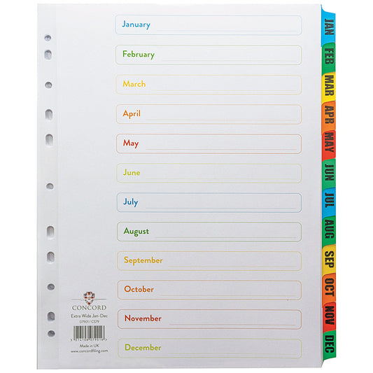 Concord Index Jan-Dec A4 Dividers - Multicoloured Tabs