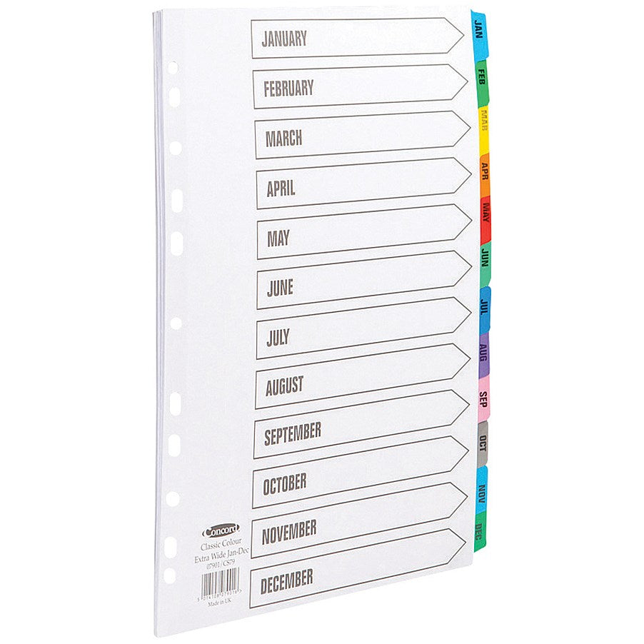 Concord Index Jan-Dec A4 Dividers - Multicoloured Tabs